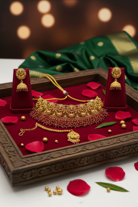 Gold Plated Pink Beads Choker Necklace Set with Earrings & Maang Tikka - Statement Royale