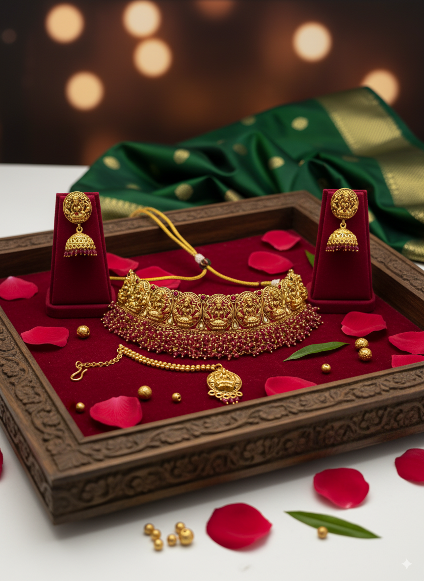 Gold Plated Pink Beads Choker Necklace Set with Earrings & Maang Tikka - Statement Royale