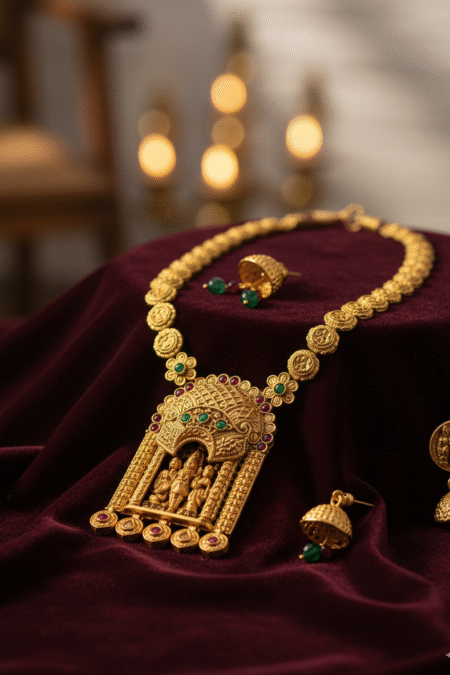 Antique Gold-Plated Ram Darbar Long Necklace with Jhumka Earring