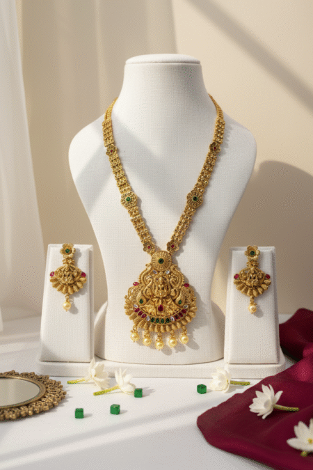 Gold-Plated Lakshmi Long Necklace With Pearl Drops & Earrings