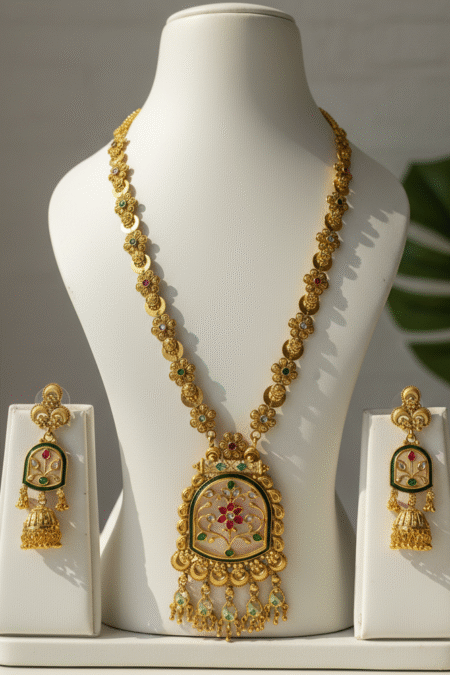 Gold-Plated Long Kundan Necklace With Meenakari Pendant & Earrings