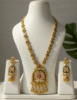 Gold-Plated Long Kundan Necklace With Meenakari Pendant & Earrings