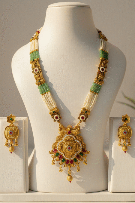 Gold-Plated Pearl & Green Beads Grand Pendant Necklace & Earrings