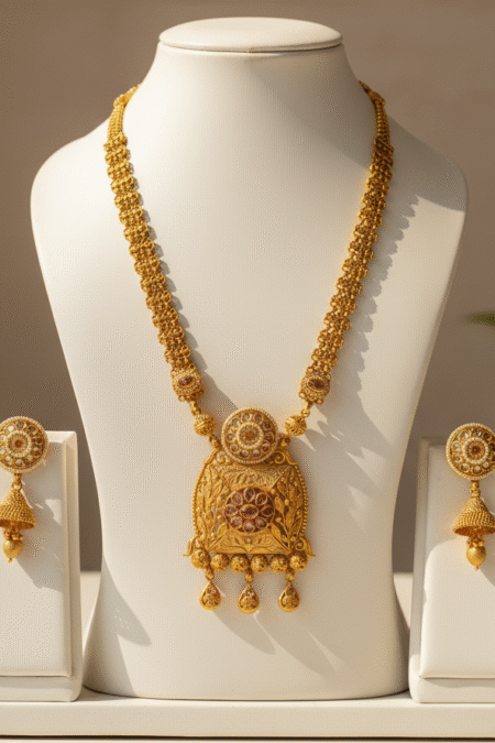 Antique Gold-Plated Long Necklace With Square Pendant & Jhumka Earrings