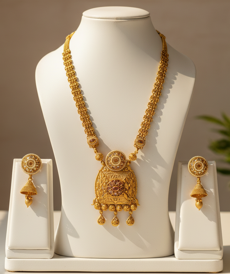 Antique Gold-Plated Long Necklace With Square Pendant & Jhumka Earrings