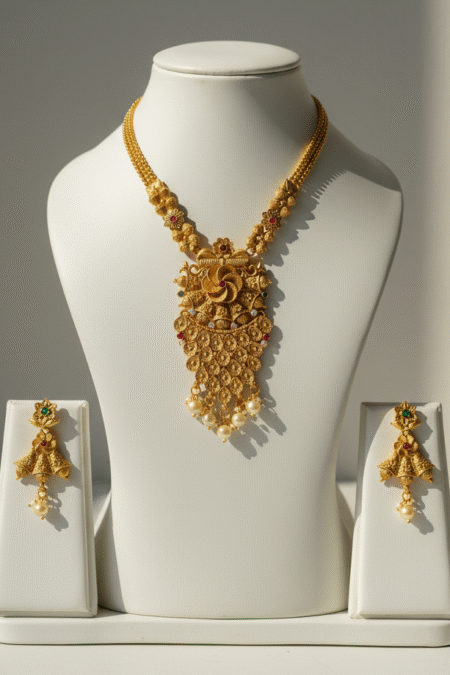 Antique Gold-Plated Long Necklace With Floral Pendant