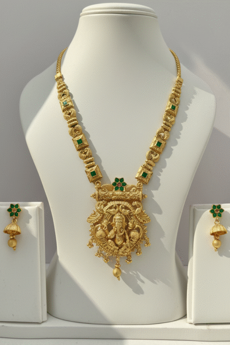 Gold-Plated Long Necklace With Lord Ganesha Pendant & Jhumka Earrings
